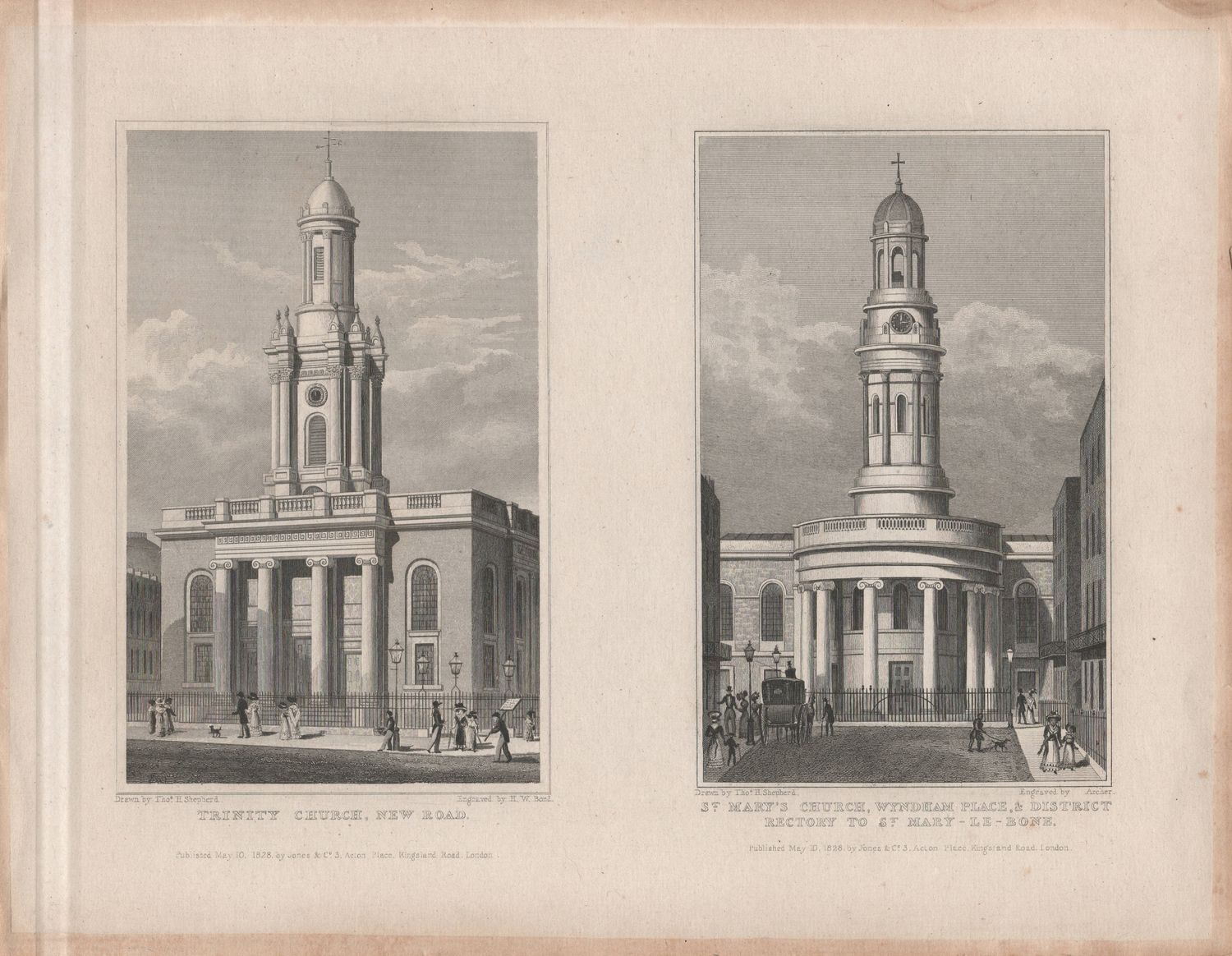 1829 View from " London and its Environs " by T. Shepherd - Trinity Church &amp; St Mary's Church