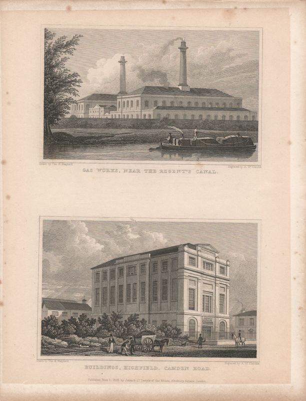 1829 View from " London and its Environs " by T. Shepherd - Regent Canal, The Gas Works