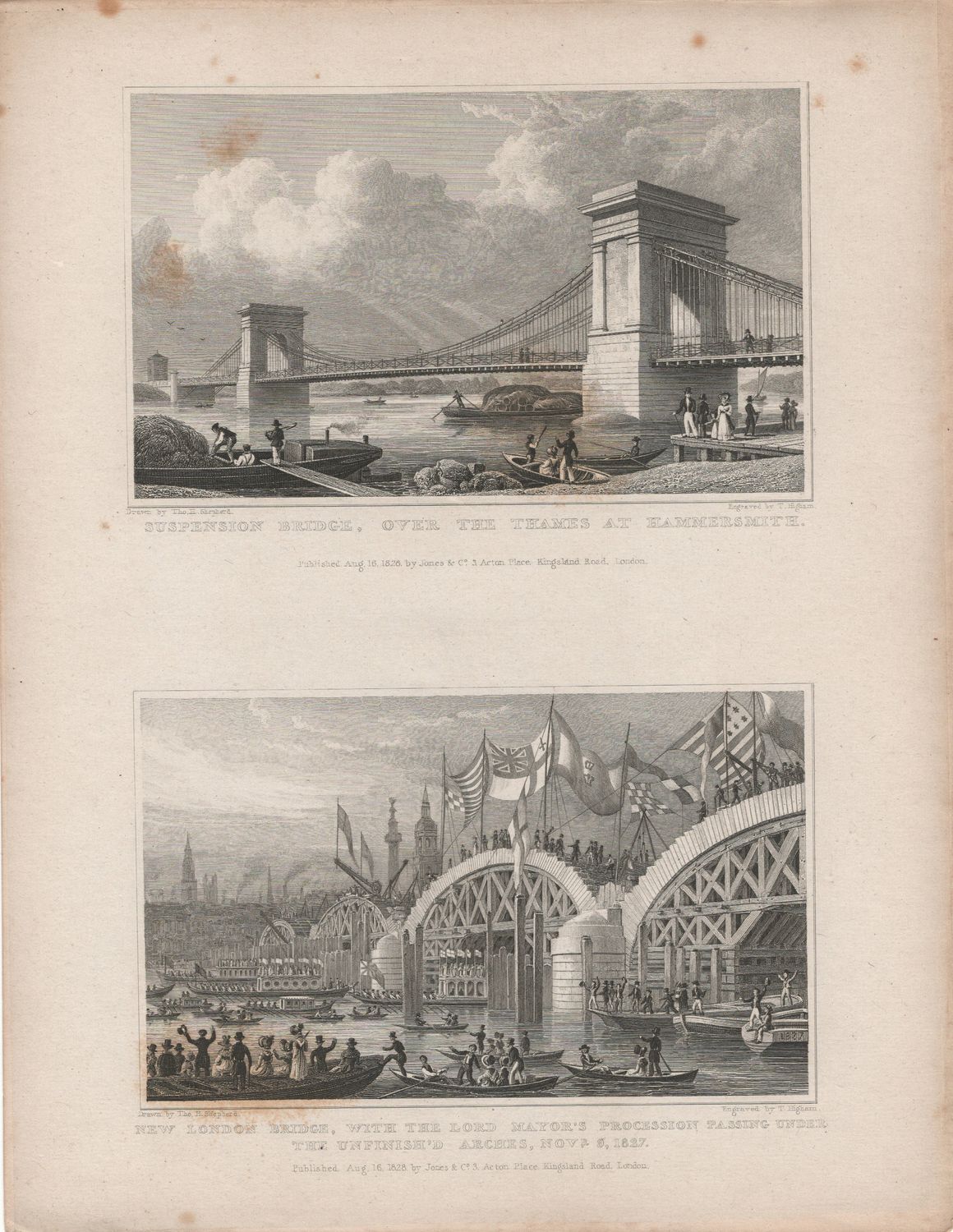 1829 View from &quot; London and its Environs &quot; by T. Shepherd - Thames, Suspension Bridge &amp; New London Bridge incomplete