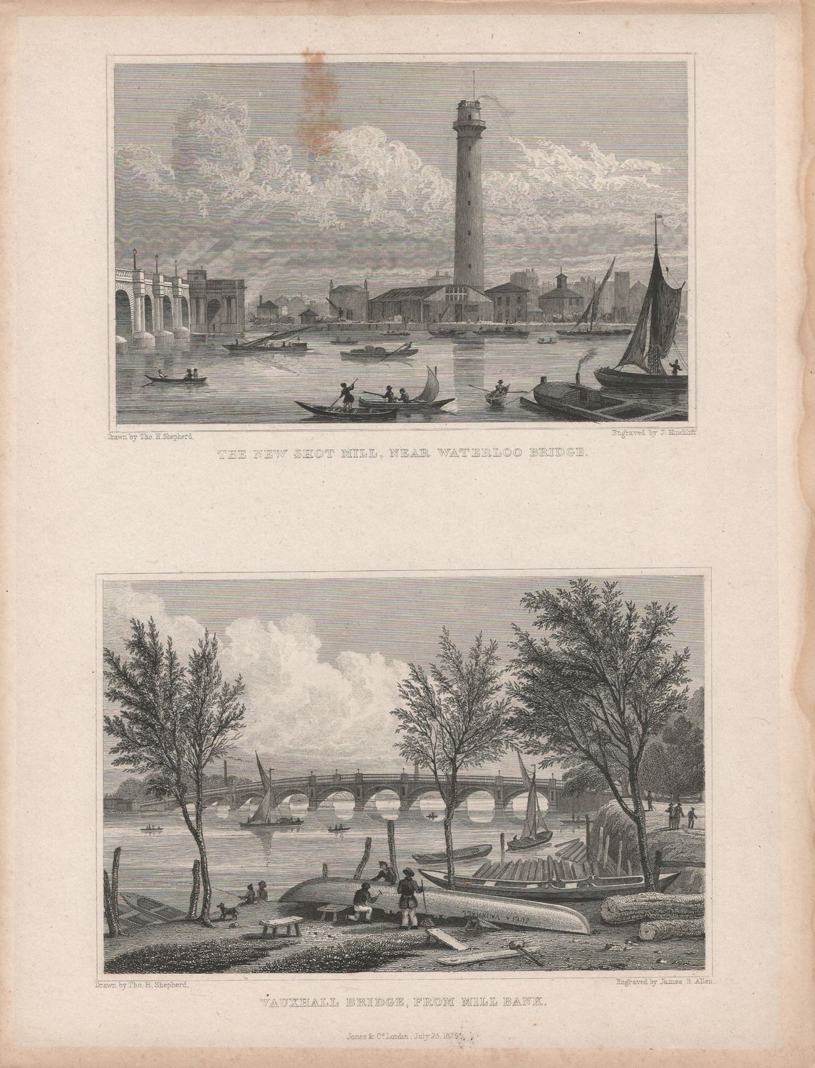1829 View from &quot; London and its Environs &quot; by T. Shepherd - Thames, Vauxhall Bridge &amp; the New Shot Mill