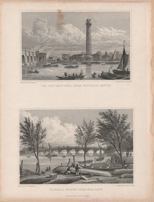1829 View from " London and its Environs " by T. Shepherd - Thames, Vauxhall Bridge &amp; the New Shot Mill