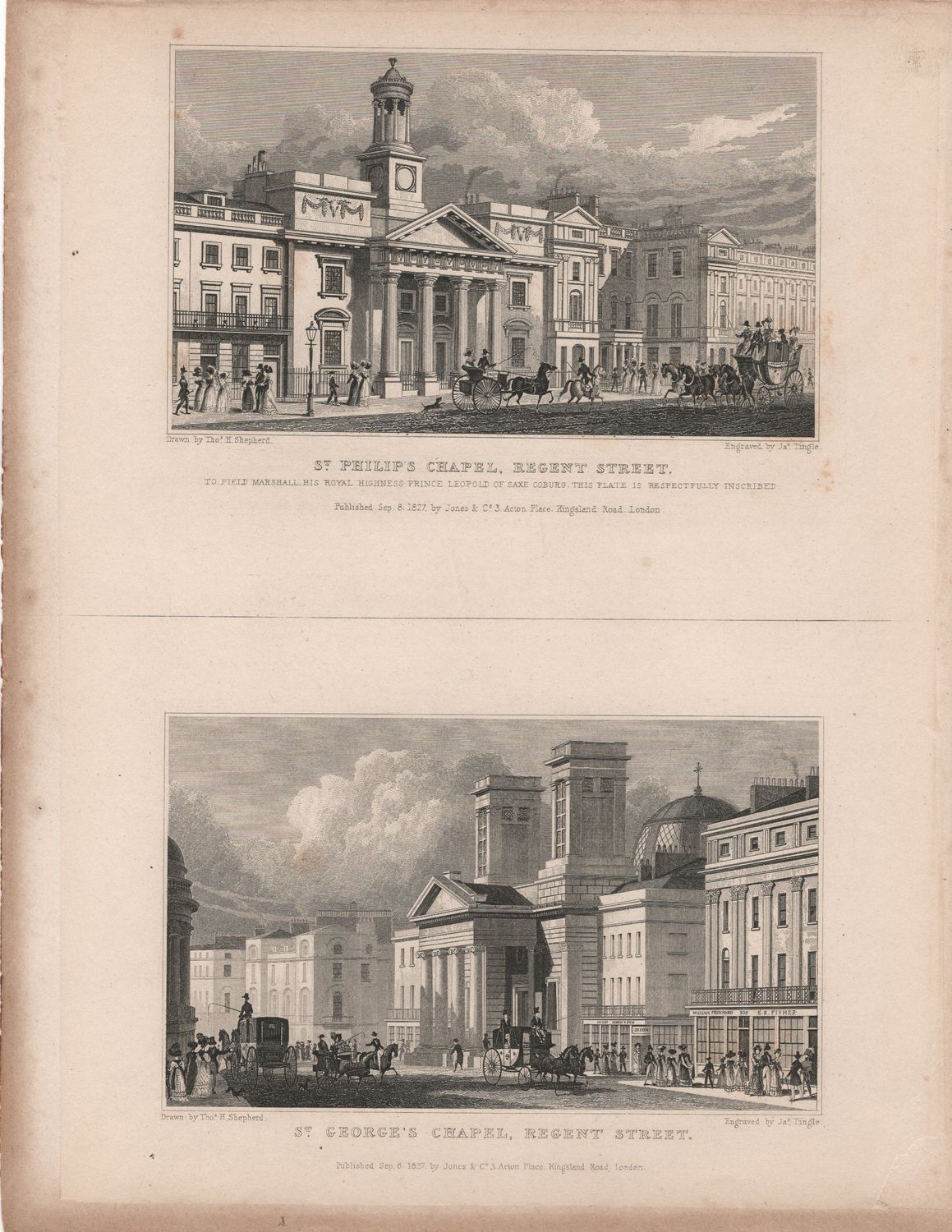 1829 View from &quot; London and its Environs &quot; by T. Shepherd - Regent Street , St. Philip&#39;s &amp; St. George&#39;s Chapels