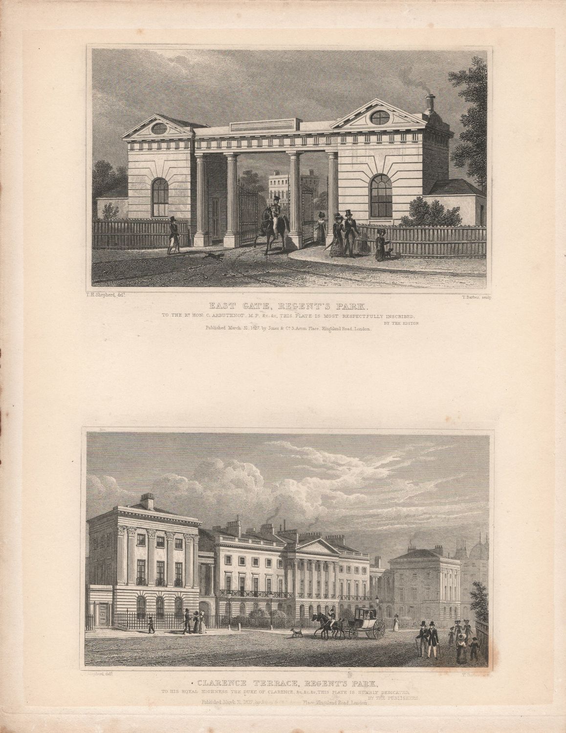 1829 View from &quot; London and its Environs &quot; by T. Shepherd - Regents Park , East Gate &amp; Clarence Terrace