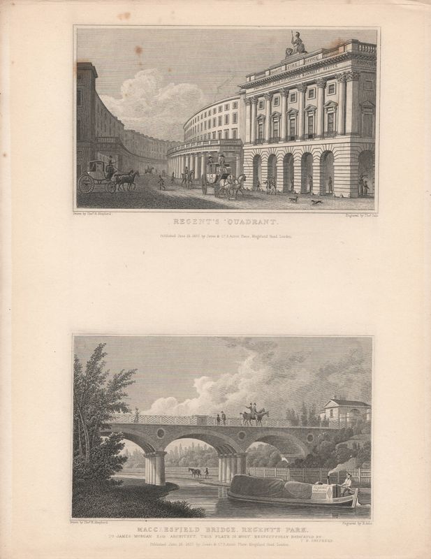 1829 View from " London and its Environs " by T. Shepherd - Regents Park , Regent's Quad &amp; MacClesfield Bridge