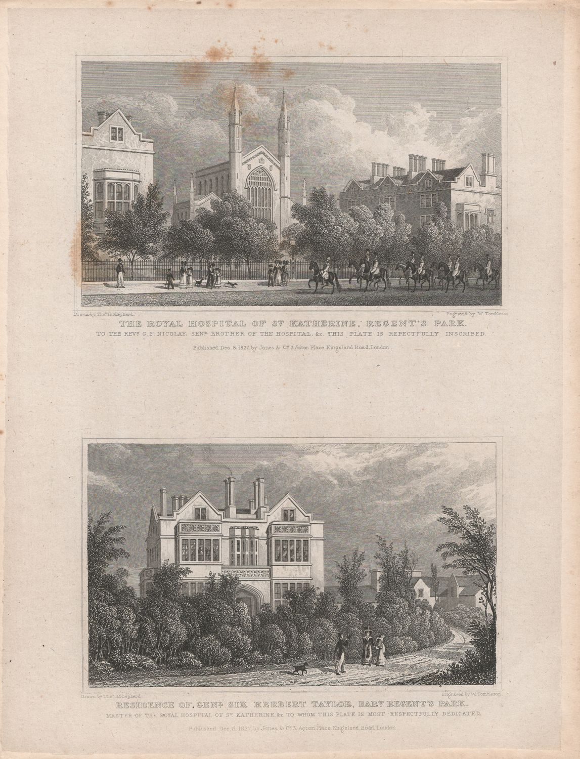 1829 View from &quot; London and its Environs &quot; by T. Shepherd - Regents Park , Royal Hospital of St Katherine &amp; Directors residence