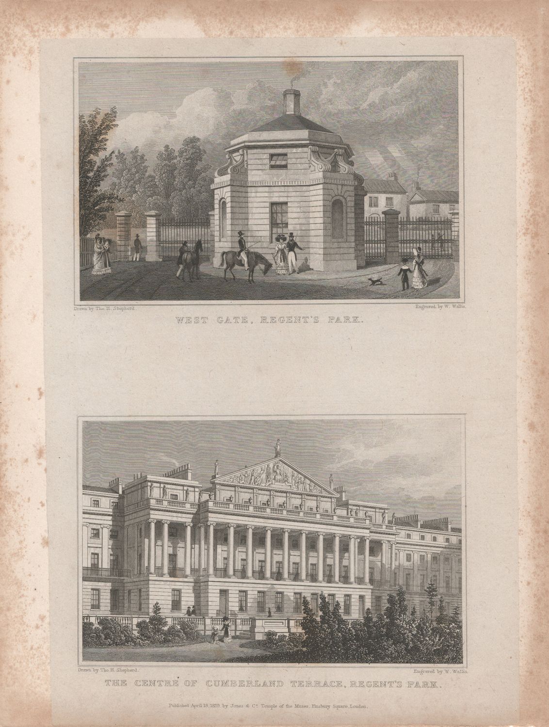 1829 View from &quot; London and its Environs &quot; by T. Shepherd - Regents Park , West Gate &amp; Center of Cumberland Terrace