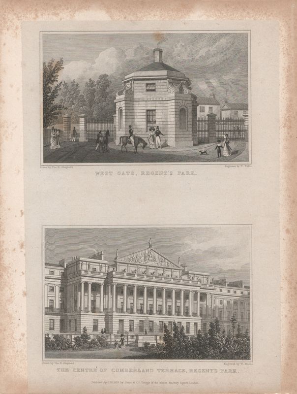 1829 View from " London and its Environs " by T. Shepherd - Regents Park , West Gate &amp; Center of Cumberland Terrace