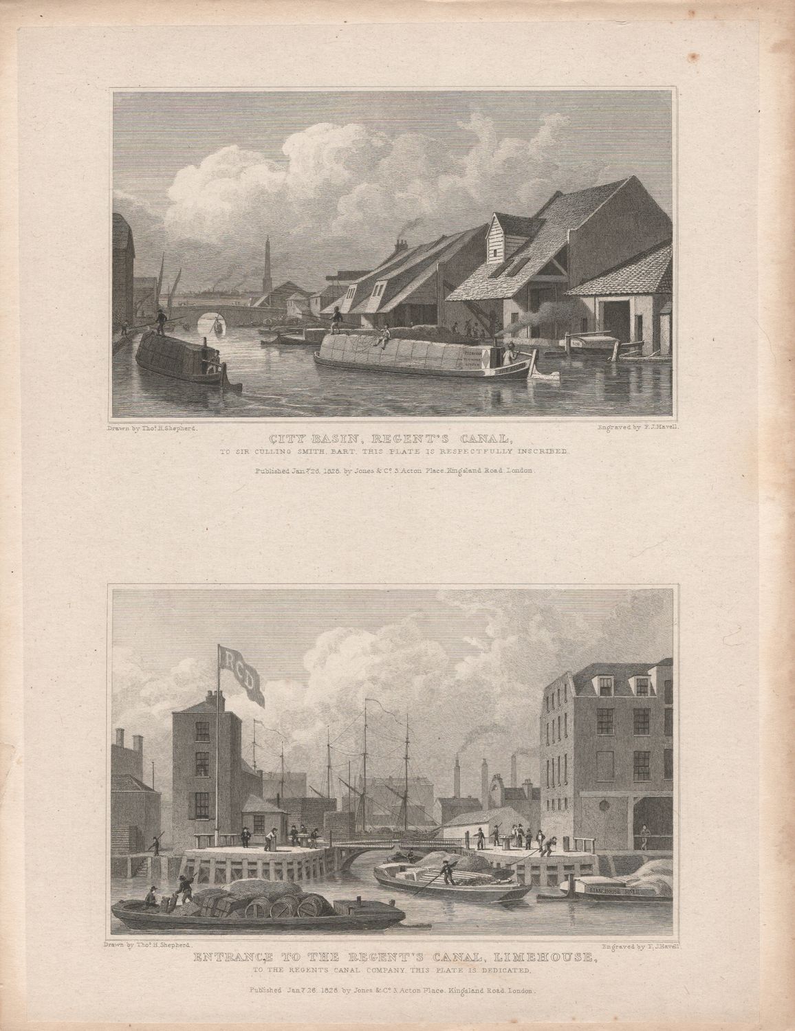 1829 View from &quot; London and its Environs &quot; by T. Shepherd - Regents Canal, Entrance &amp; City Basin