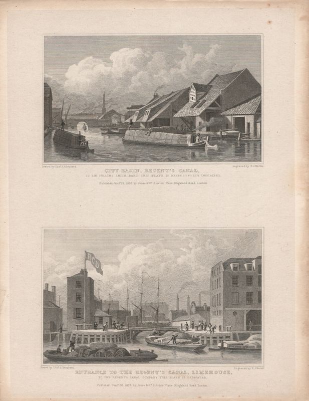 1829 View from " London and its Environs " by T. Shepherd - Regents Canal, Entrance &amp; City Basin