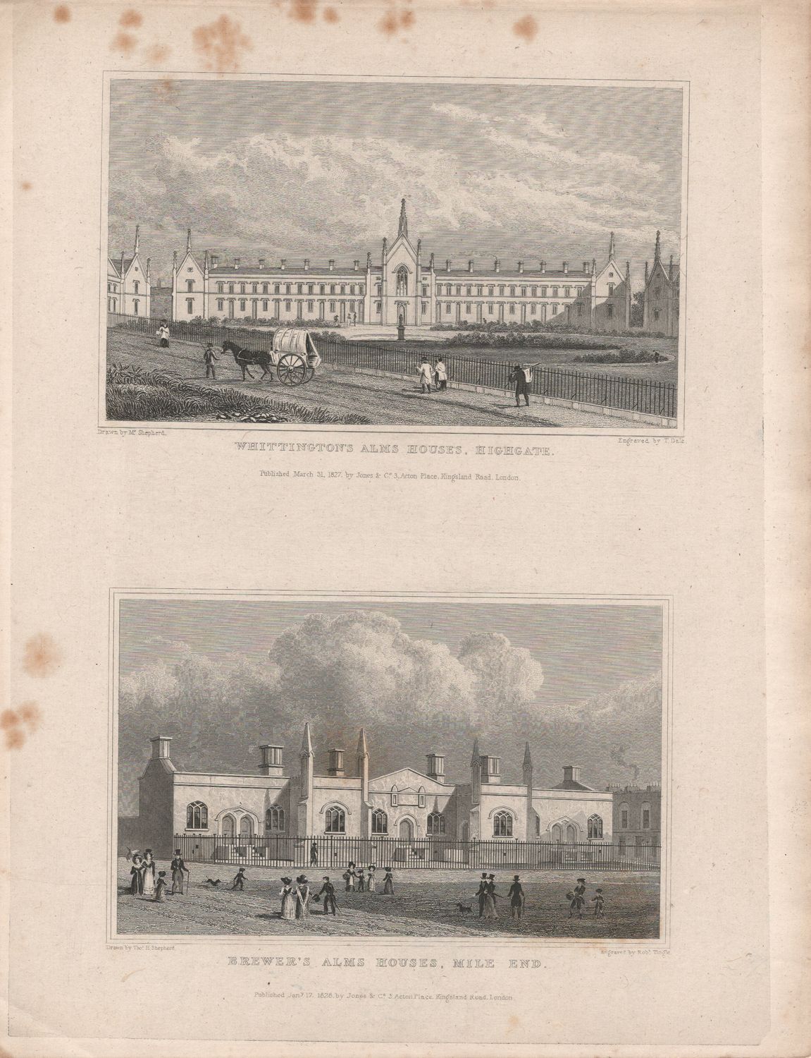 1829 View from " London and its Environs " by T. Shepherd - Wittington's Alms Houses &amp; Brewer's Alms House