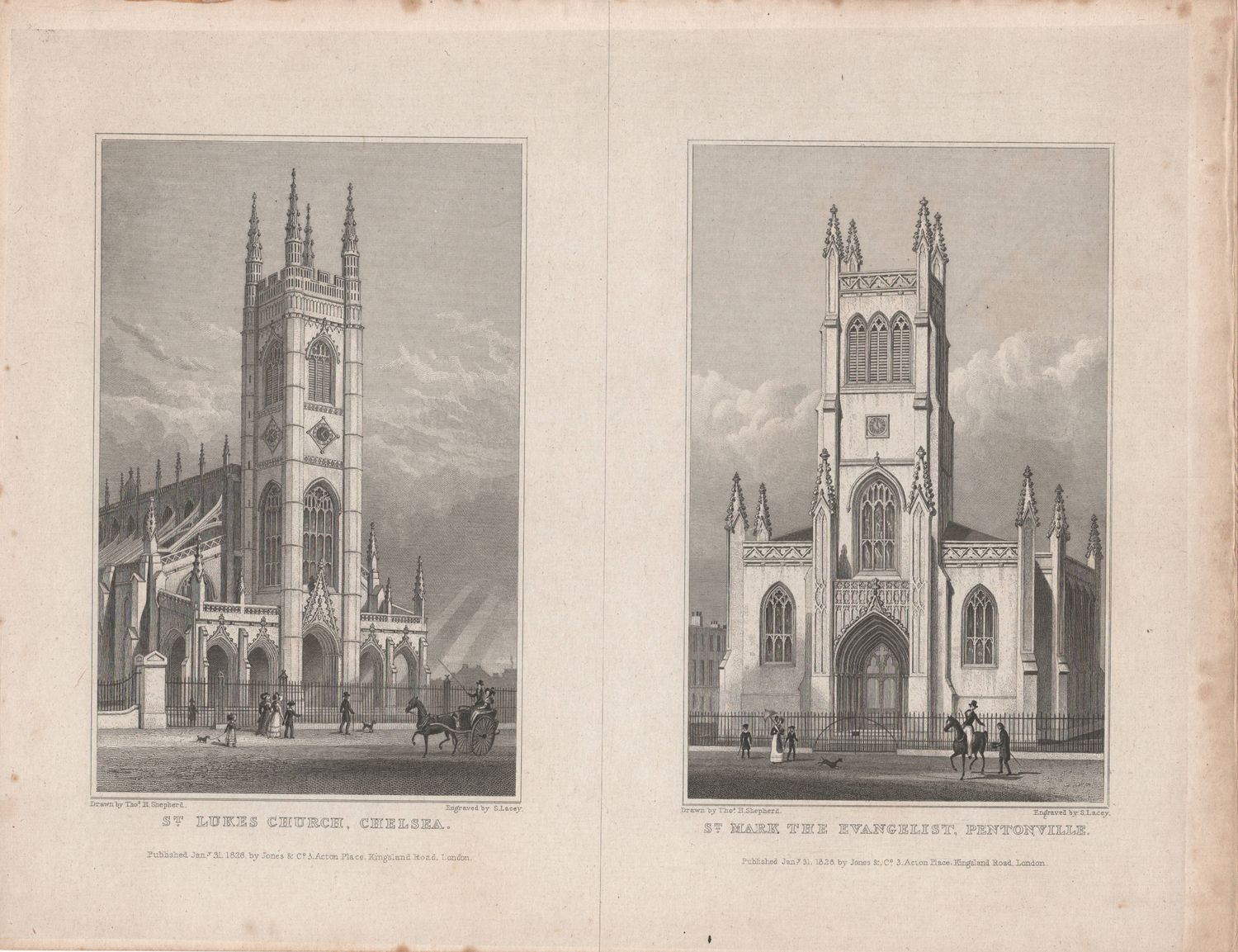 1829 View from &quot; London and its Environs &quot; by T. Shepherd - St Luke&#39;s Church, Chelsea &amp; St. Mary&#39;s Church, Pentonville