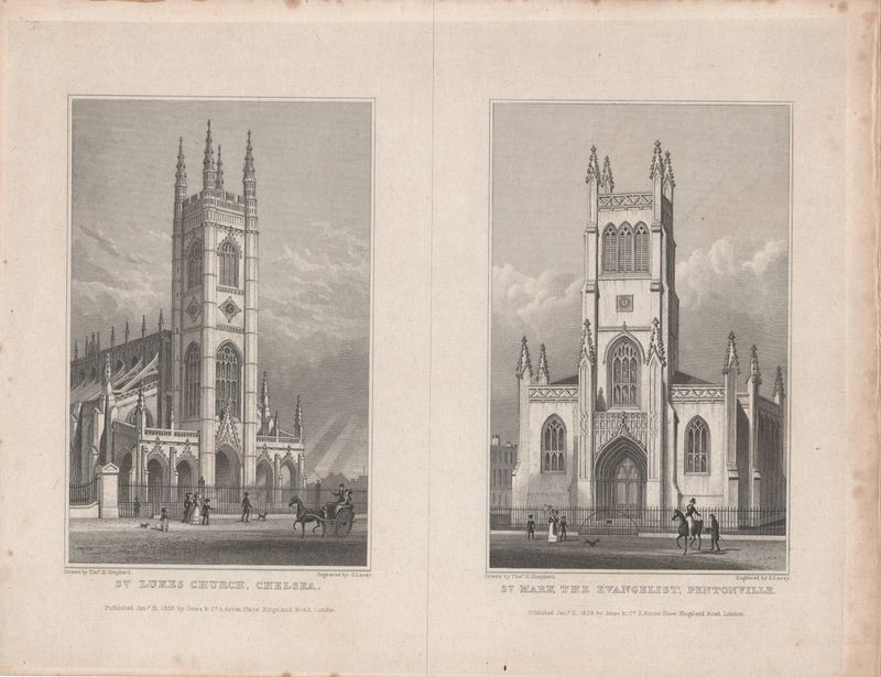 1829 View from " London and its Environs " by T. Shepherd - St Luke's Church, Chelsea &amp; St. Mary's Church, Pentonville