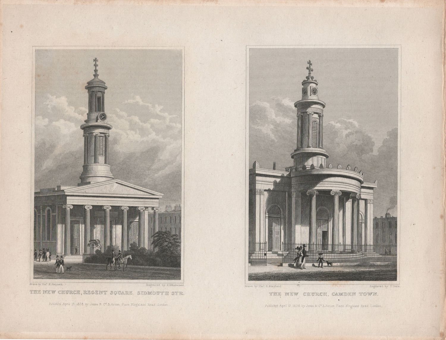 1829 View from &quot; London and its Environs &quot; by T. Shepherd - New Church, Regent Sq. &amp; New Church, Camden Town