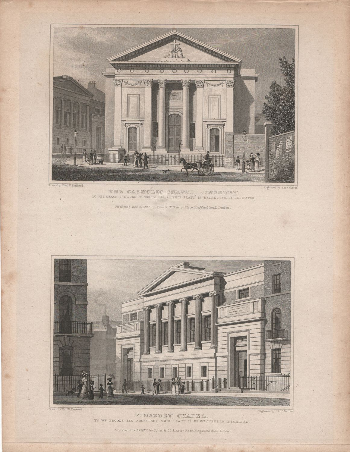 1829 View from &quot; London and its Environs &quot; by T. Shepherd - The Catholic Chapel, Finsbury &amp; Finsbury Chapel