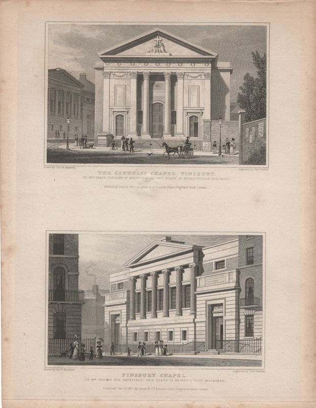 1829 View from " London and its Environs " by T. Shepherd - The Catholic Chapel, Finsbury &amp; Finsbury Chapel