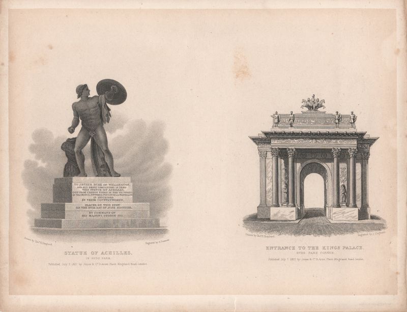 1829 View from " London and its Environs " by T. Shepherd - Hyde Park  Corner , Entrance to the King's Palace &amp; Statue of Achilles