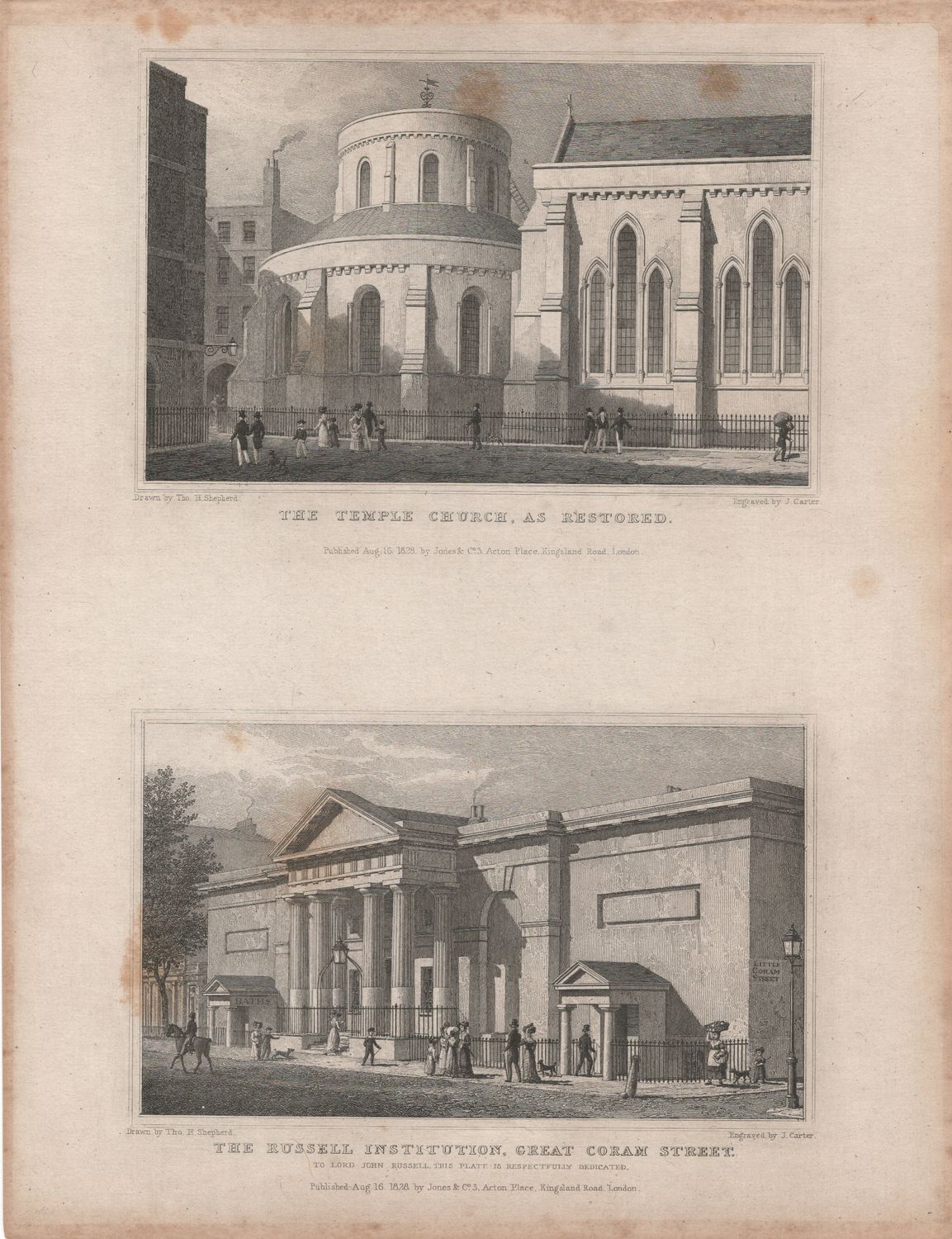 1829 View from " London and its Environs " by T. Shepherd - The Temple Church &amp; the Russell Institution Great Coram Street