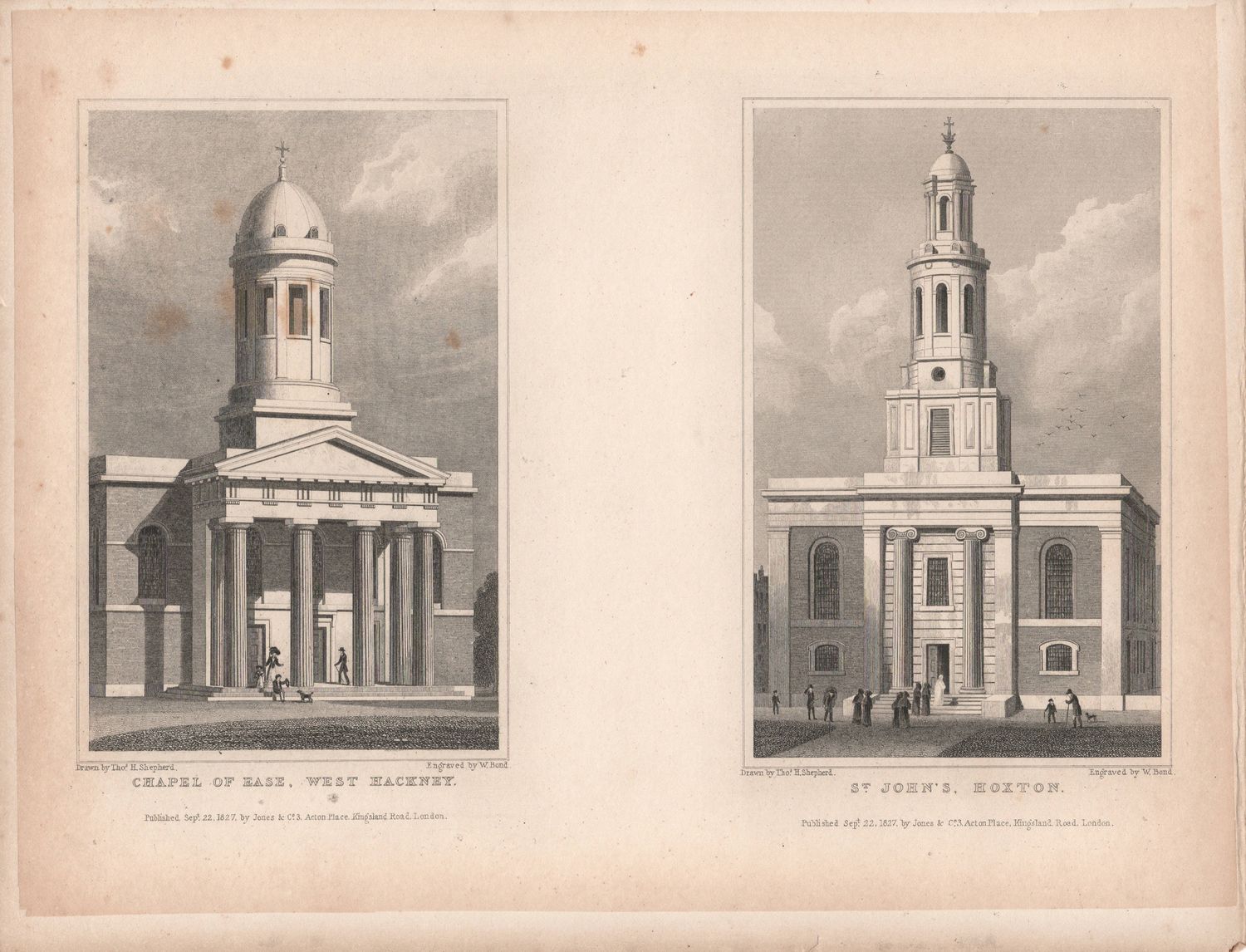 1829 View from &quot; London and its Environs &quot; by T. Shepherd - Chapel of Ease, West Hackney &amp; St. John&#39;s, Hoxton