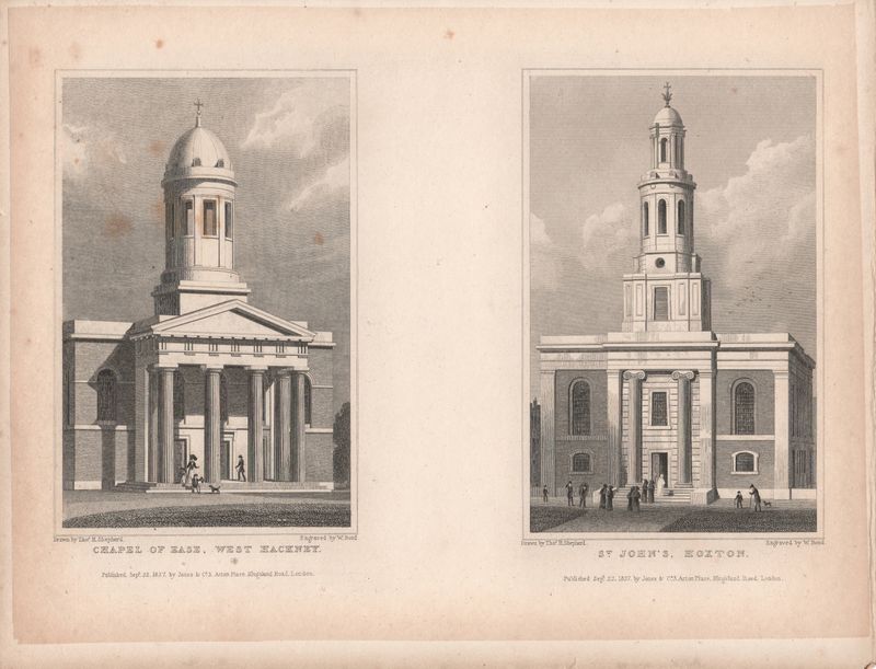 1829 View from " London and its Environs " by T. Shepherd - Chapel of Ease, West Hackney &amp; St. John's, Hoxton