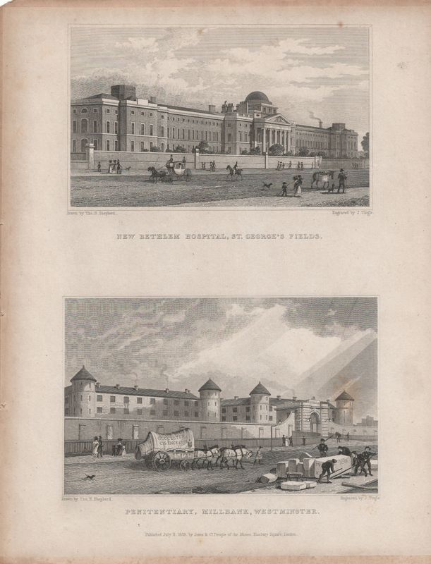 1829 View from " London and its Environs " by T. Shepherd - New Bethlehem Hospital &amp; Penitentiary, Millbank, Westminster