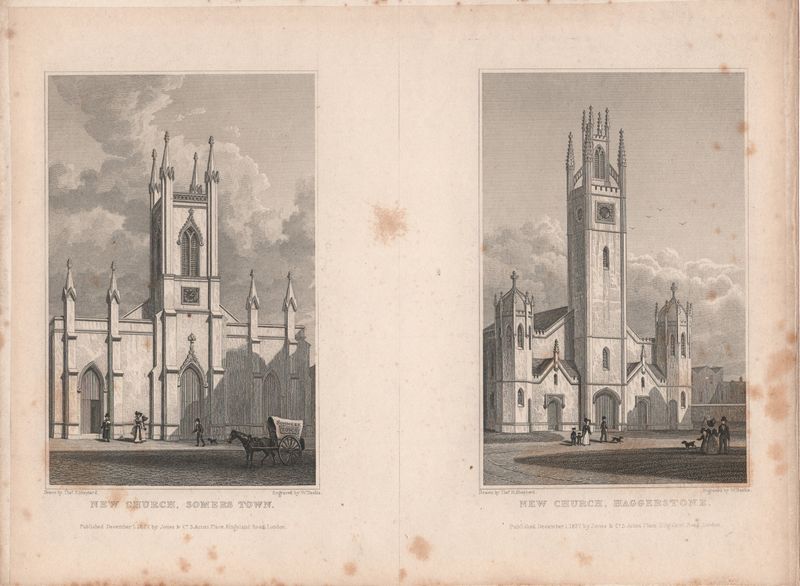 1829 View from " London and its Environs " by T. Shepherd - New Church, Somers Town &amp; New Church, Haggerstone