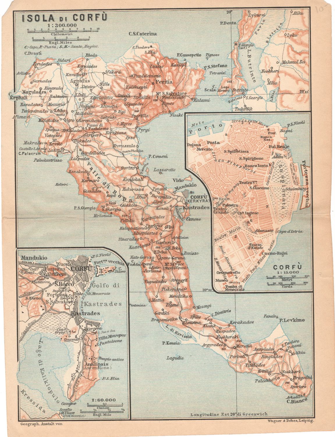 1915 Map of the Isle of Corfu from a Baedeckers Guide
