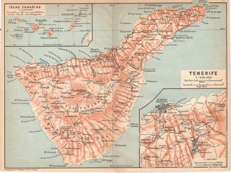 1915 Group of 5 Maps of  the Canary Islands :Tenerife , Madeira, City of Santa Cruz, Las Palmas, Isleta from a Baedeckers Guide