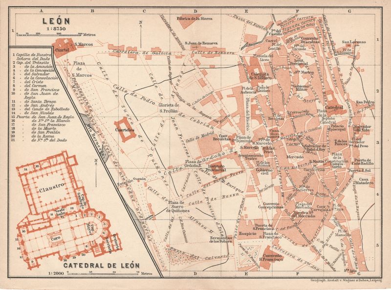 1905 Map of Leon, Spain from a Baedkeckers Guide