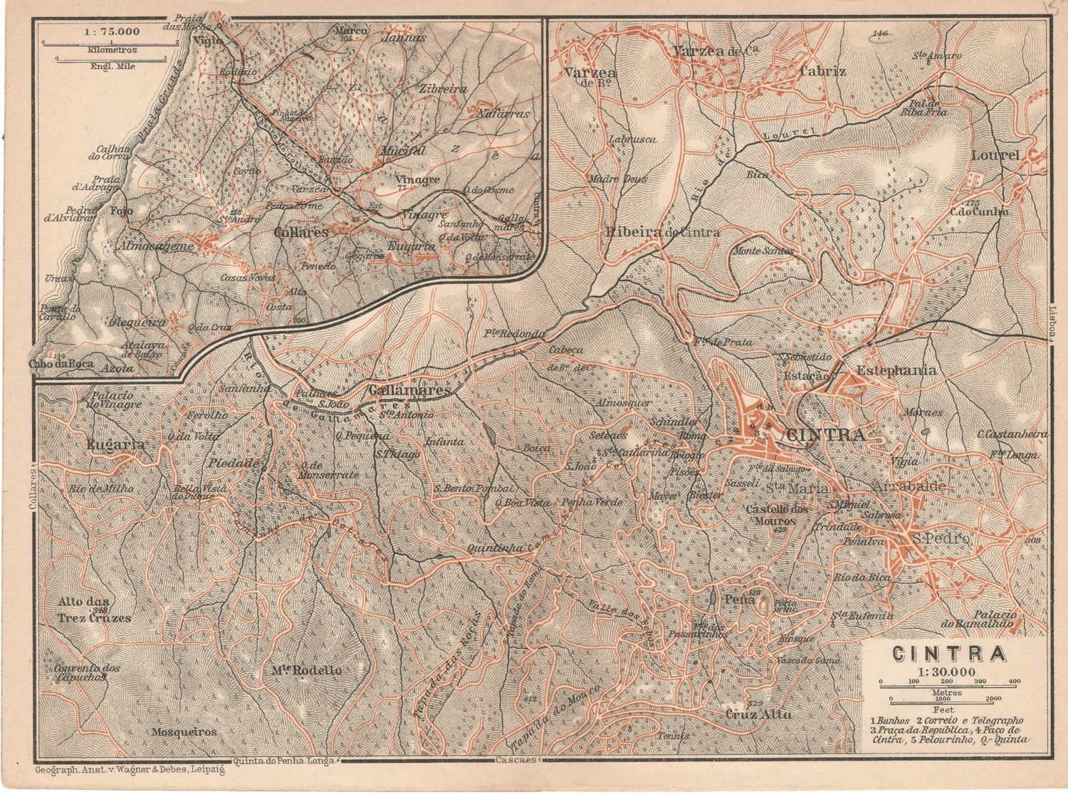 1905 Map of Cintra, Spain from a Baedeckers Guide