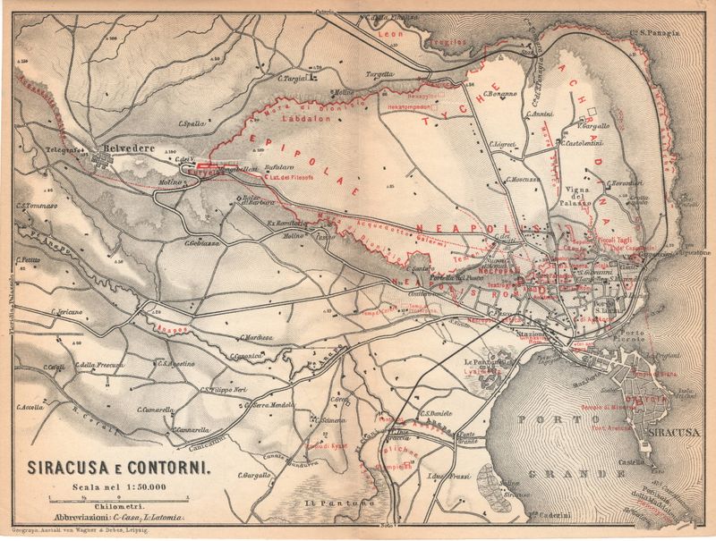 1905 Map of Siracusa and Contorni from a Baedeckers Guide