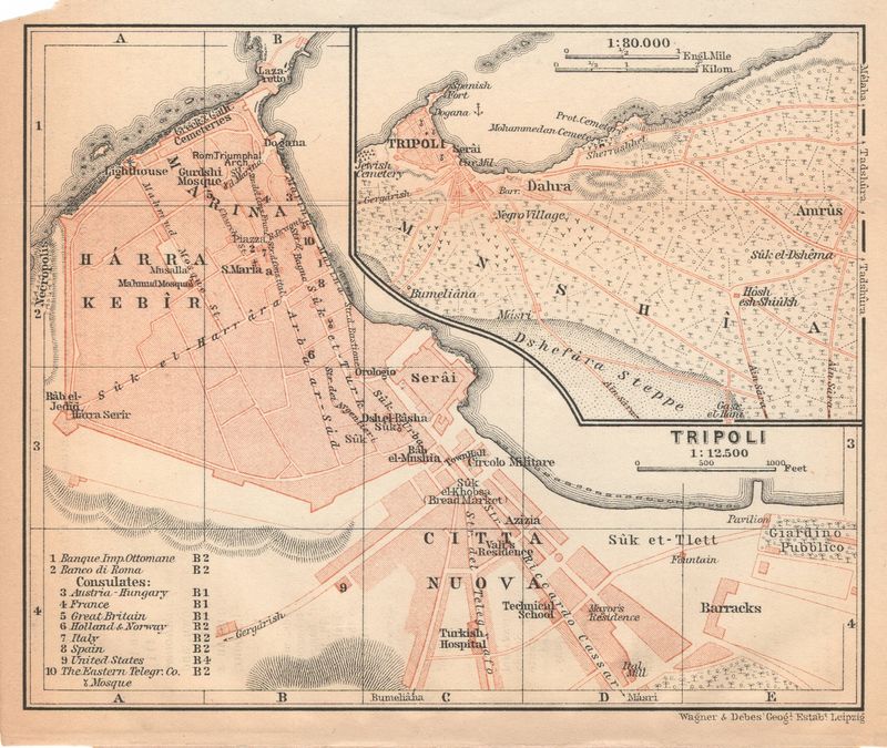 1915 Map of Tripoli , Libya from a Baedeckers Guide