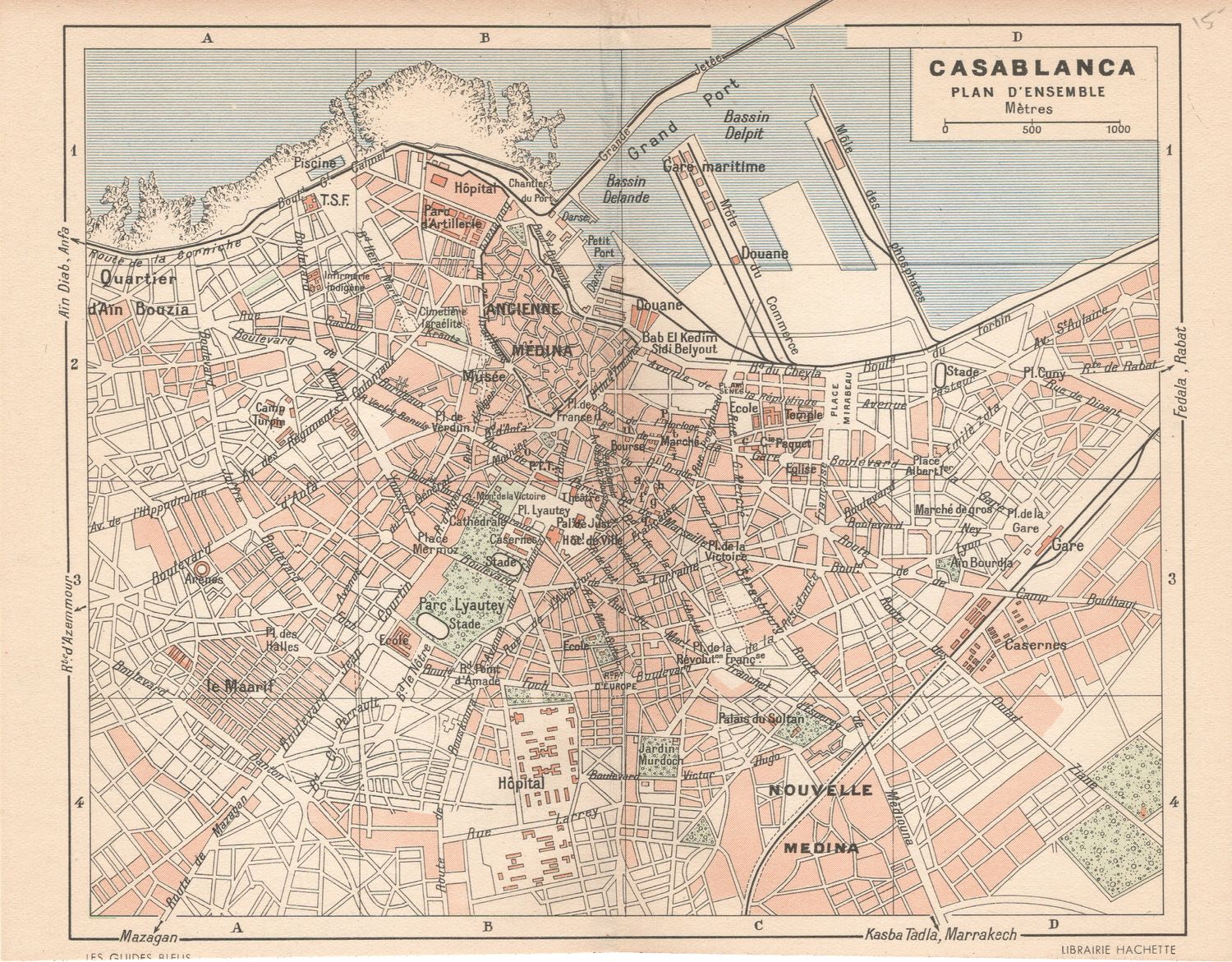 1925 Map of Casablanca, Morocco from Les Guide Bleus