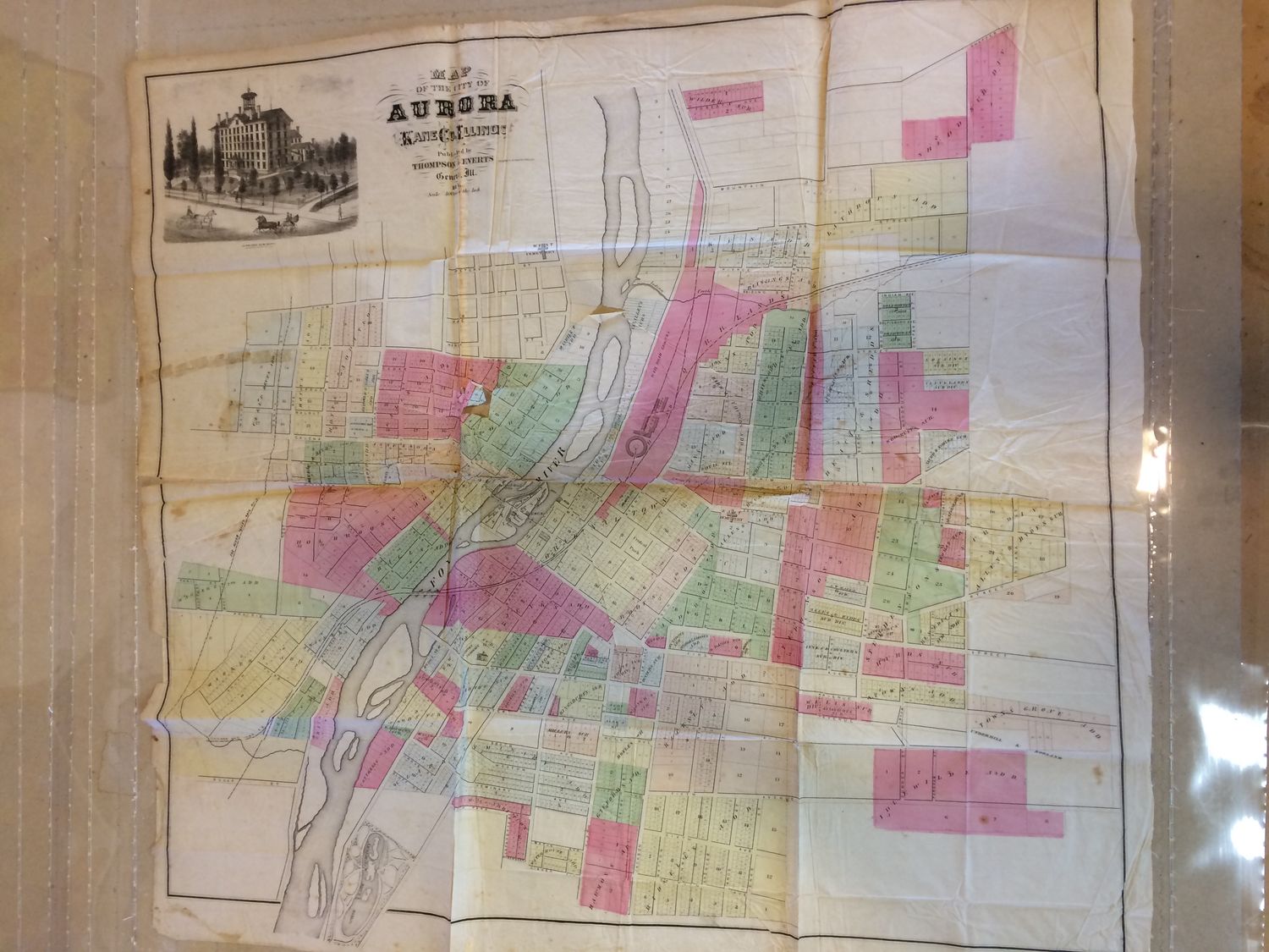 1871 Map of Aurora Illinois -linenbacked w/ HC