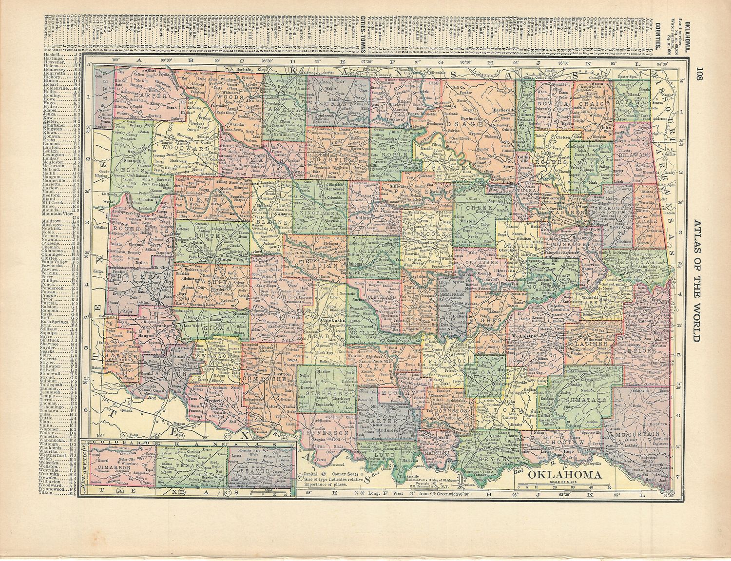 1911 Map of Oklahoma from the Atlas of the World 
