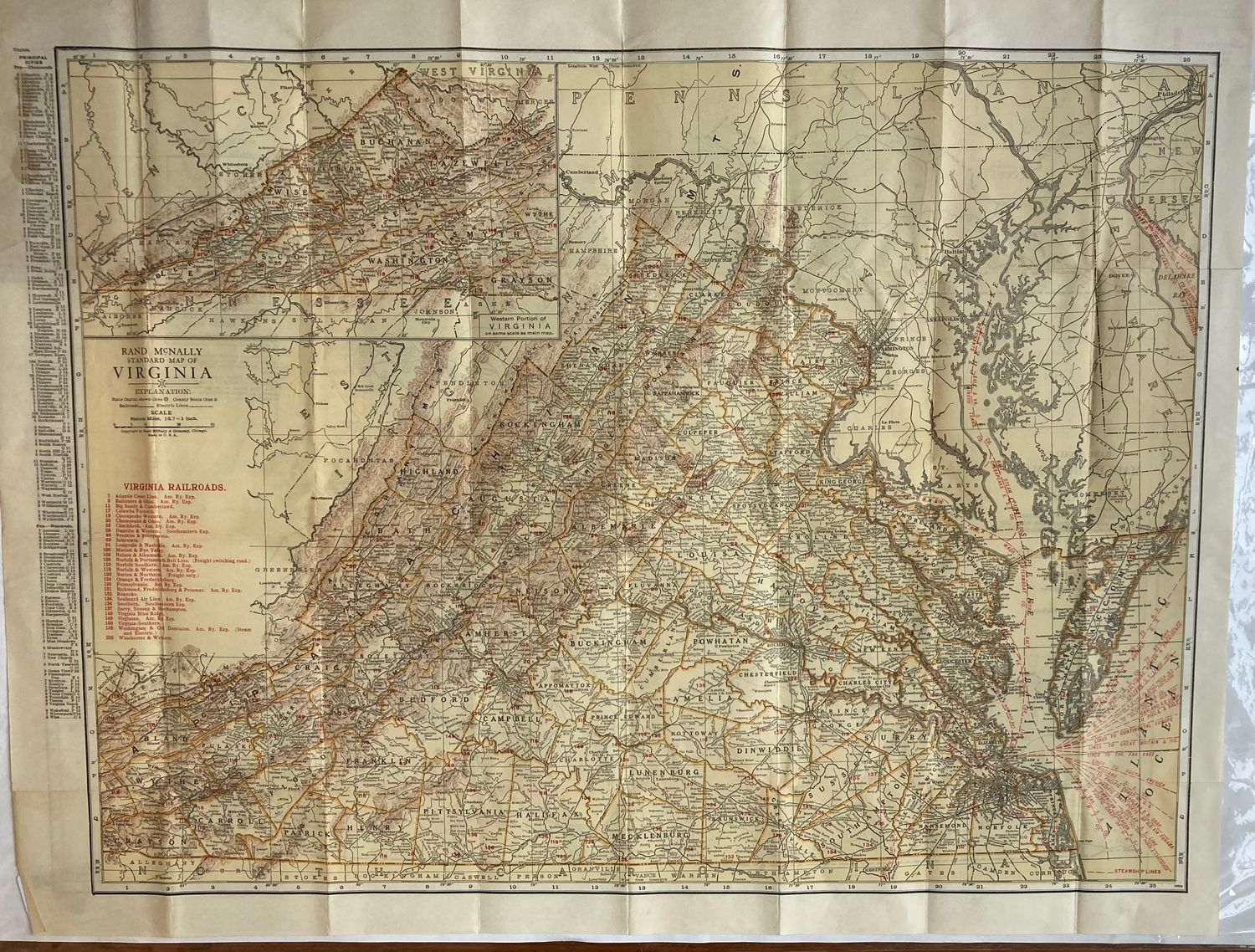 1915 Rand McNally Folding Map of Virginia -