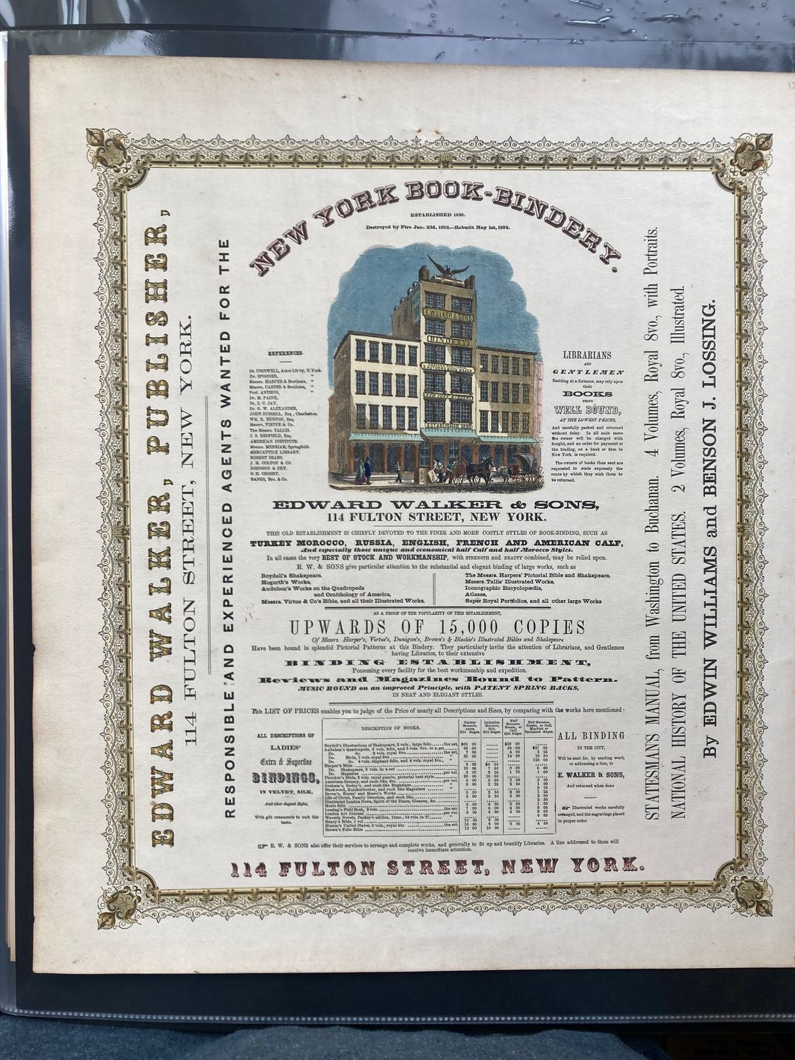 1854 New York Illustrated Atlas Ad for NY Book Binder w/ hand color