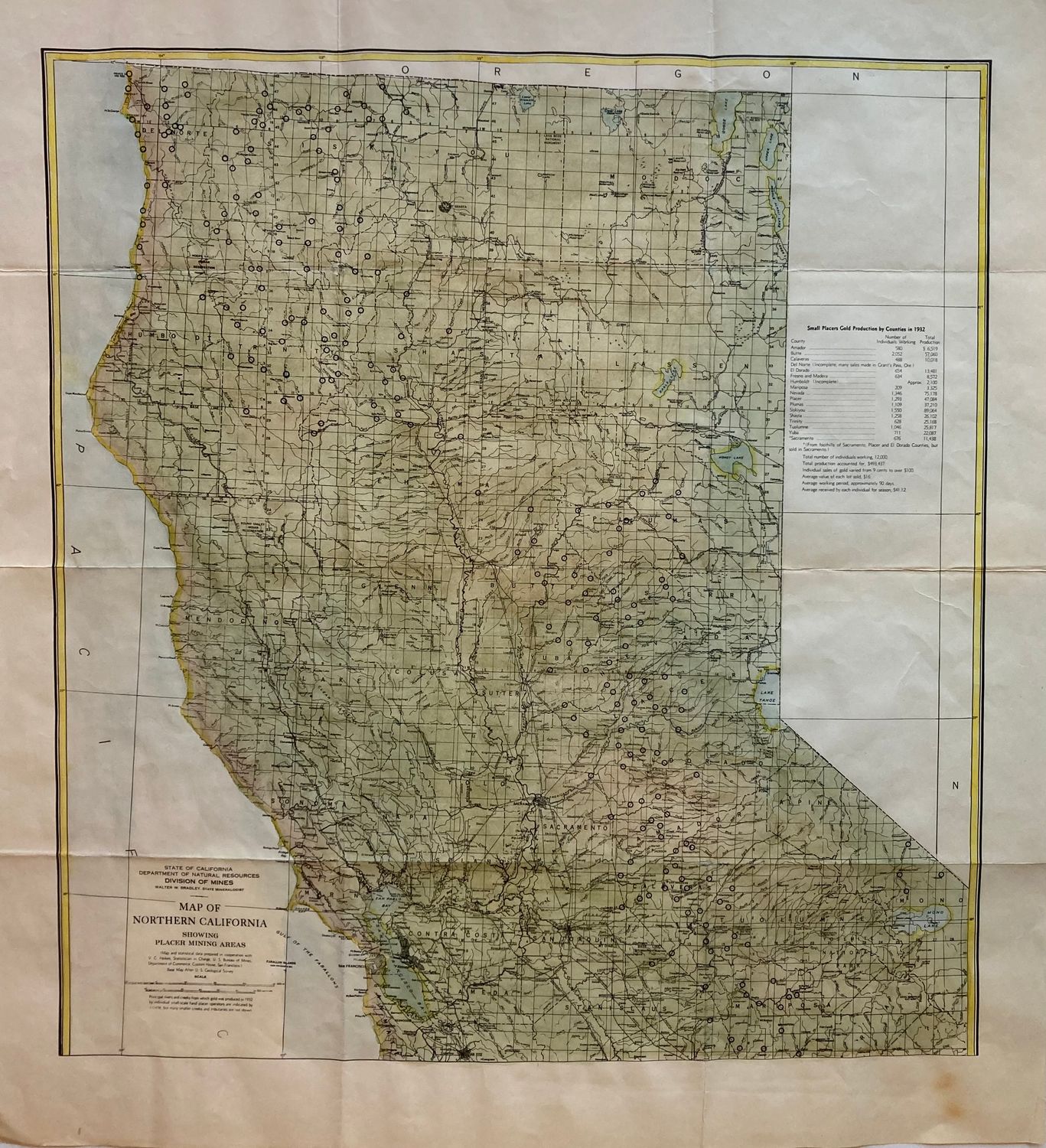 1932 Map of Northern California Placer Mines by Ca Div. of Mines