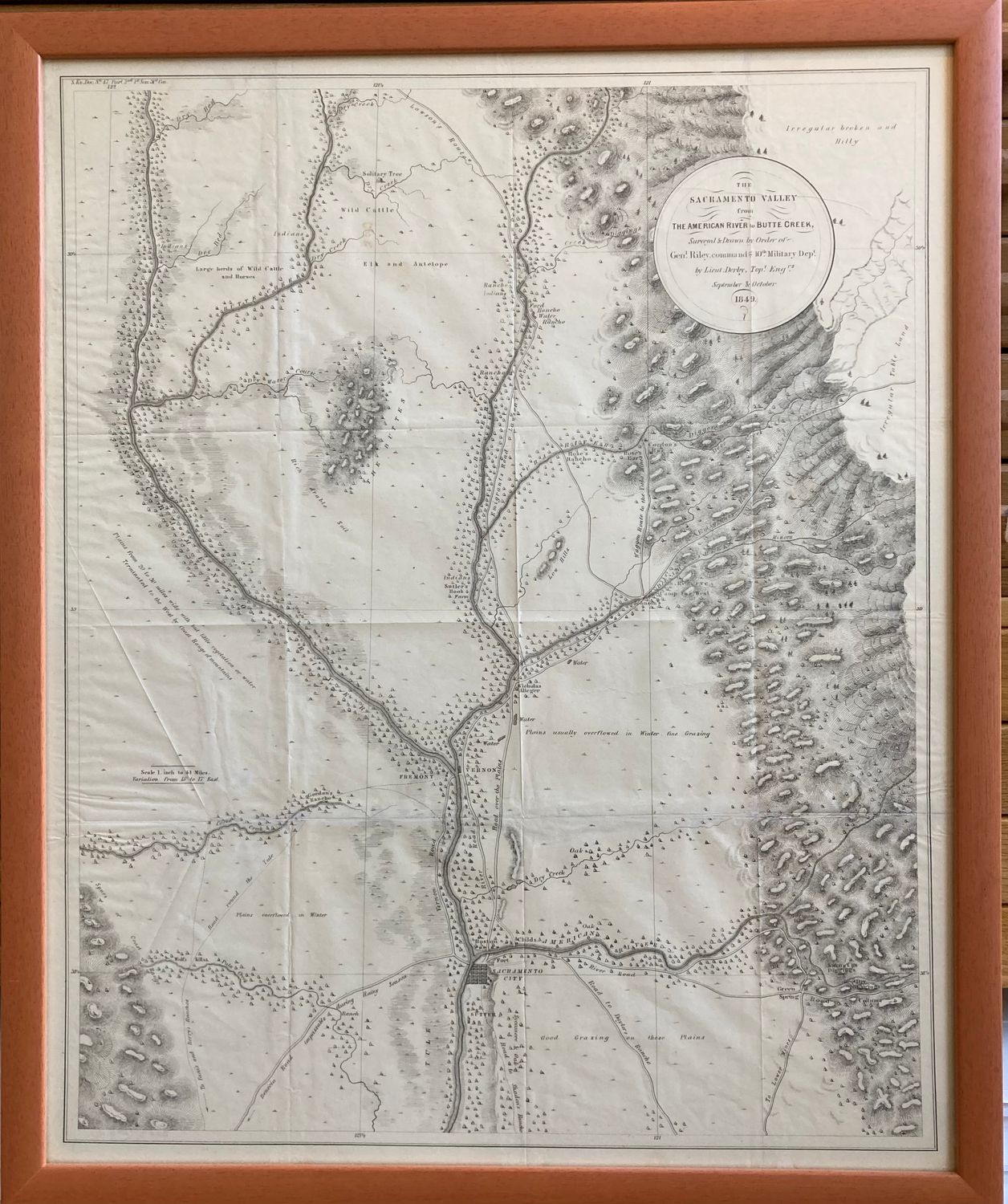 1849 Map of the Sacramento Valley from the American River to Butte Creek by Lt. Derby