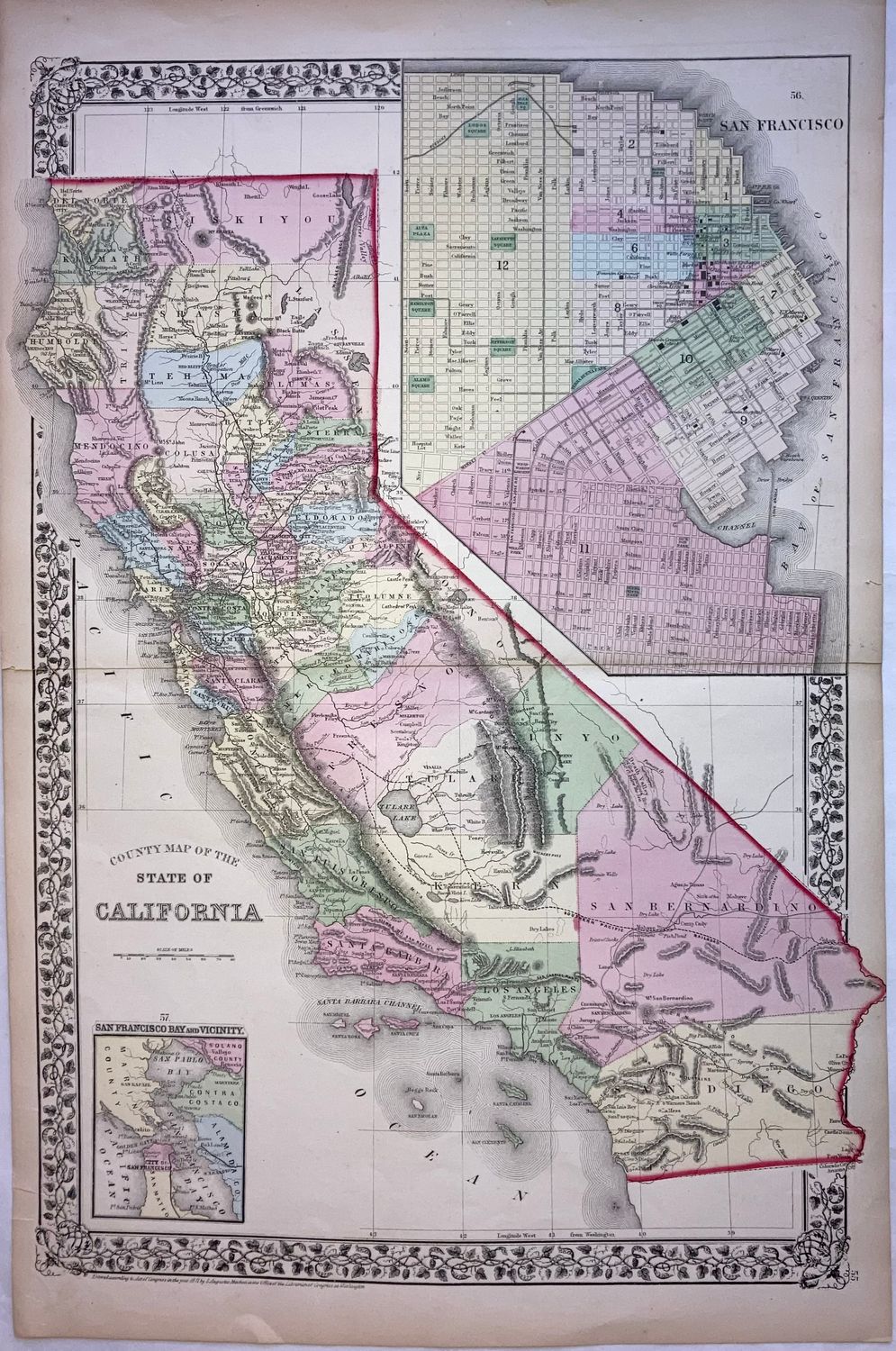 1871 Map of California w/ Insert of San Francisco by Mitchell's w/ ohc
