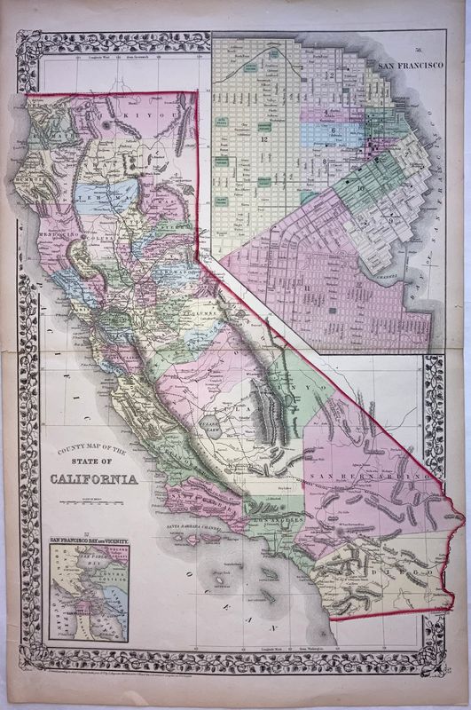 1871 Map of California w/ Insert of San Francisco by Mitchell's w/ ohc