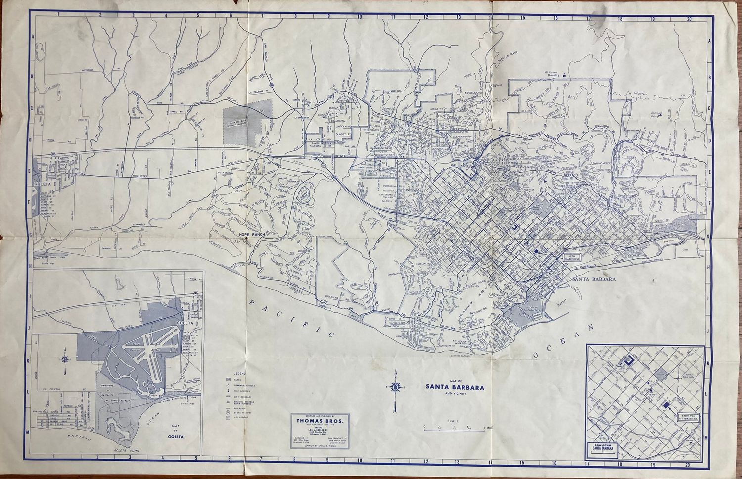 1958 Map of Santa Barbara , Ca from Lyon's Storage