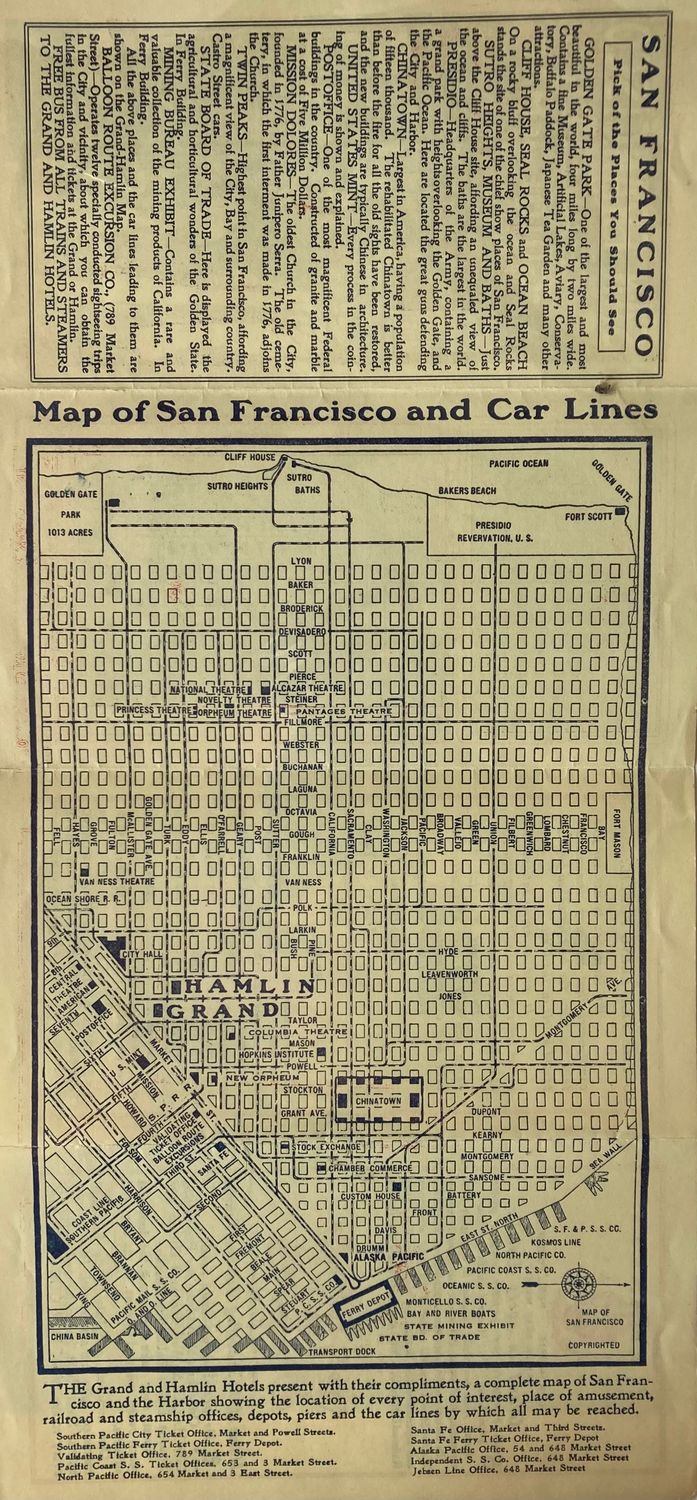 1910 Map and Hotel Guide to San Francisco from the Grand Hamlin Hotel