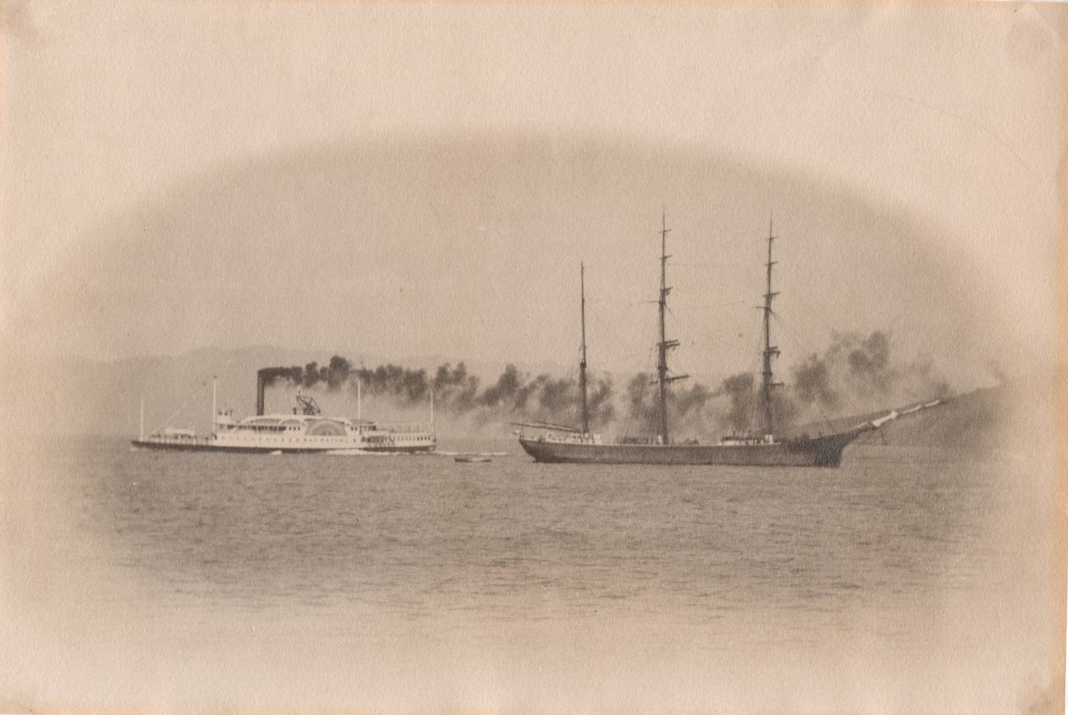 1909 Photo Ferry Boat "San Rafael" and bark "Newsboy" on SF Bay