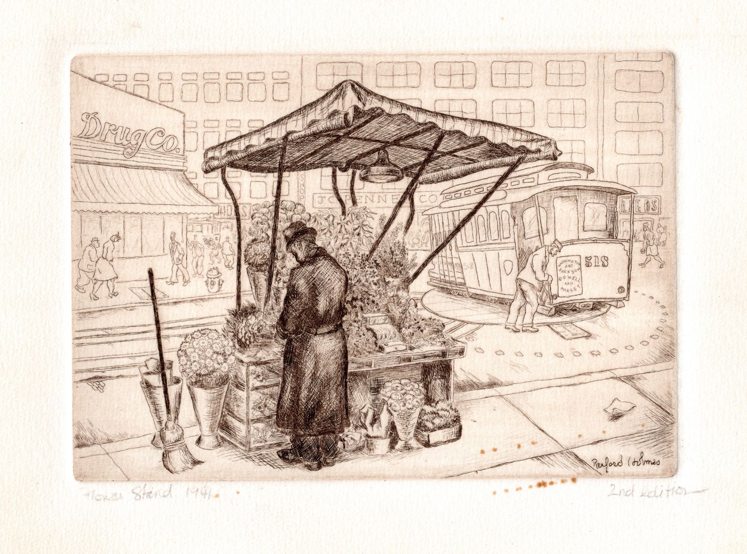 1941 Dry Point Copper Engraving "Flower Stand" in San Francisco by Rexford Holmes 2nd ed.