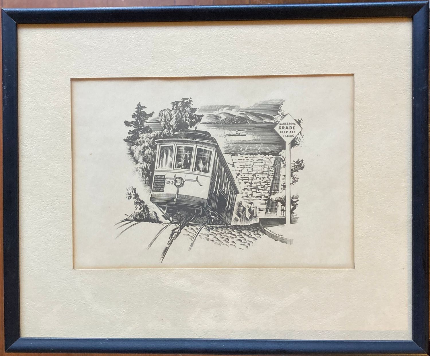 1939 Woodblock View of Fillmore Cable Car Line from Broadway by L. Macouillard