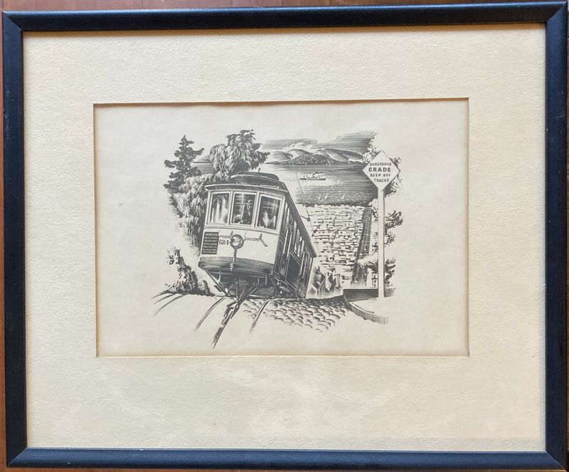 1939 Woodblock View of Fillmore Cable Car Line from Broadway by L. Macouillard