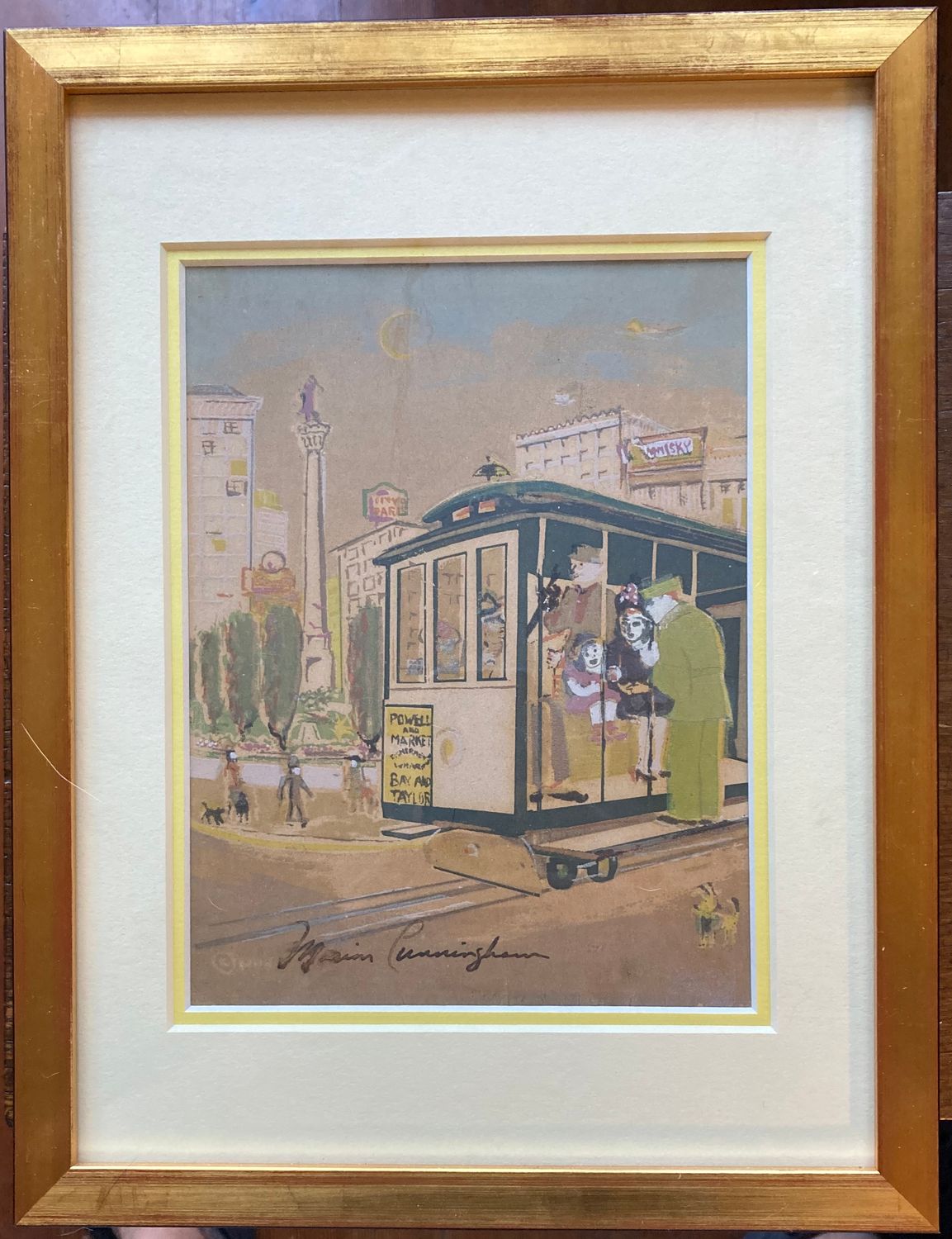 1944 Screen print View of Powell St Cable Car @ Union Square by Marion Cunningham