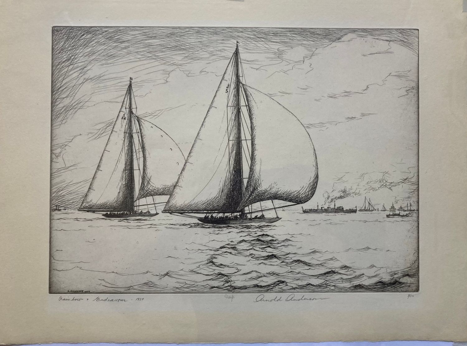 1934 Dry Point etched view of the America's Cup race w/ Rainbow Vs Endeavor by Arnold Anderson