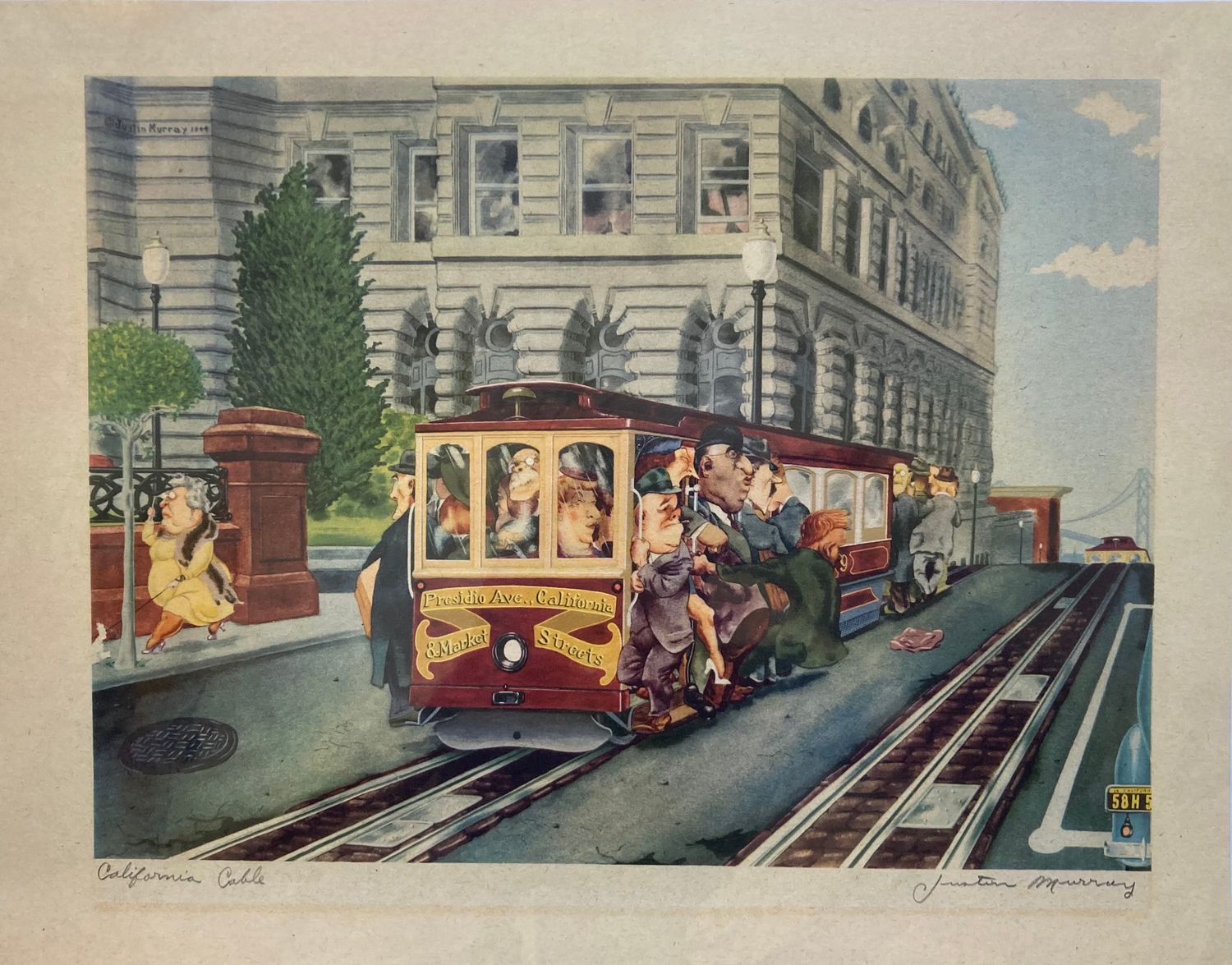 1939 Color Lithographic View of the California Cable car by John Murray