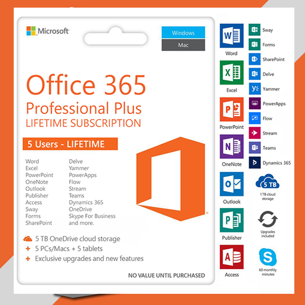 Microsoft Office 365 Pro Plus account with 5 TB One Drive for 5 devices
